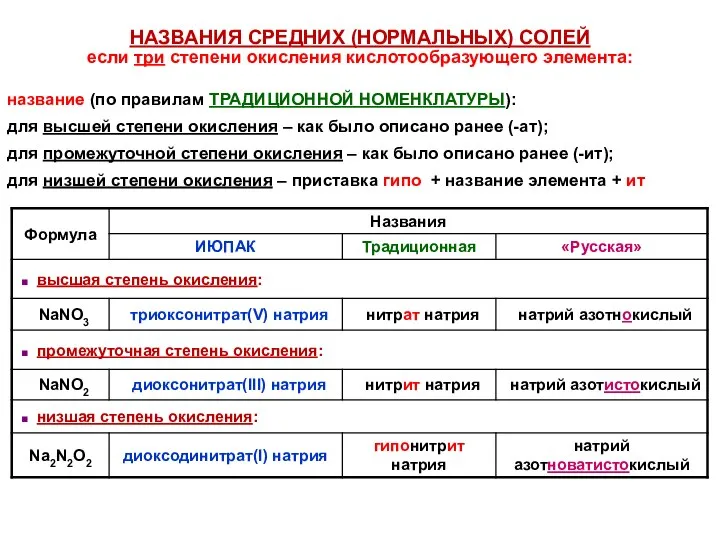 НАЗВАНИЯ СРЕДНИХ (НОРМАЛЬНЫХ) СОЛЕЙ если три степени окисления кислотообразующего элемента: название (по