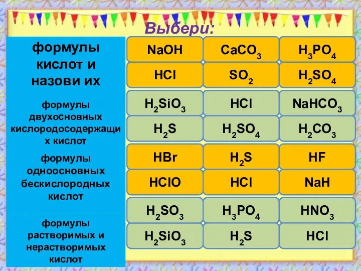 Выбери: правильно ошибка ошибка ошибка правильно правильно NaОH HCl CaCO3 SO2 H3PO4