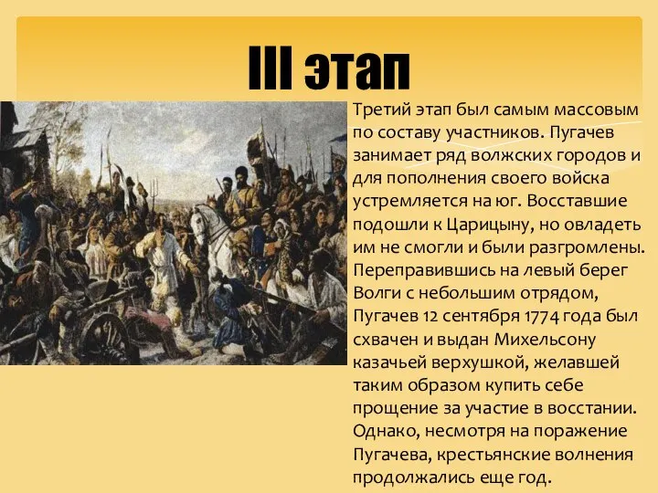 III этап Третий этап был самым массовым по составу участников. Пугачев занимает