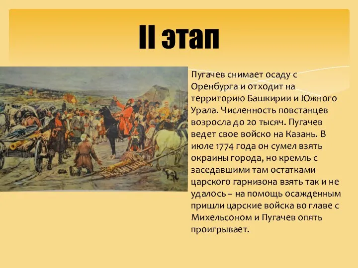 II этап Пугачев снимает осаду с Оренбурга и отходит на территорию Башкирии
