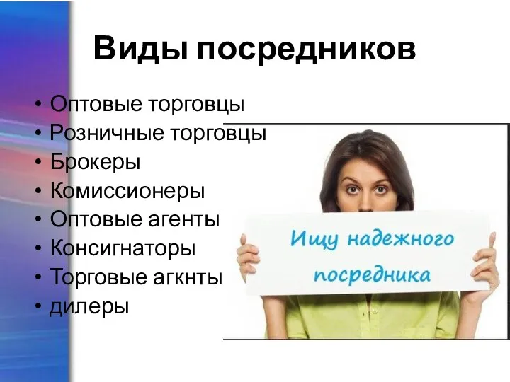 Виды посредников Оптовые торговцы Розничные торговцы Брокеры Комиссионеры Оптовые агенты Консигнаторы Торговые агкнты дилеры