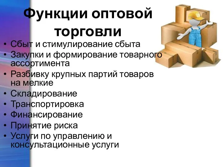 Функции оптовой торговли Сбыт и стимулирование сбыта Закупки и формирование товарного ассортимента