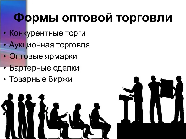 Формы оптовой торговли Конкурентные торги Аукционная торговля Оптовые ярмарки Бартерные сделки Товарные биржи