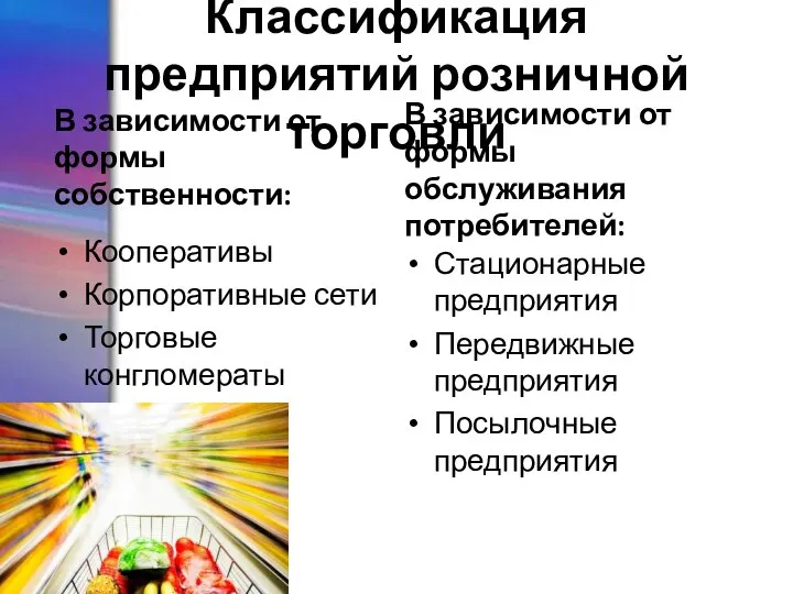 Классификация предприятий розничной торговли В зависимости от формы собственности: Кооперативы Корпоративные сети