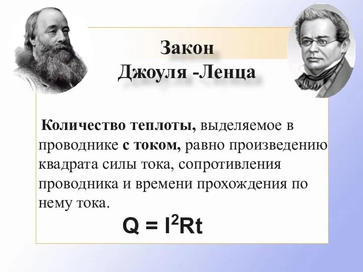 Закон Джоуля -Ленца Количество теплоты, выделяемое в проводнике с током, равно произведению