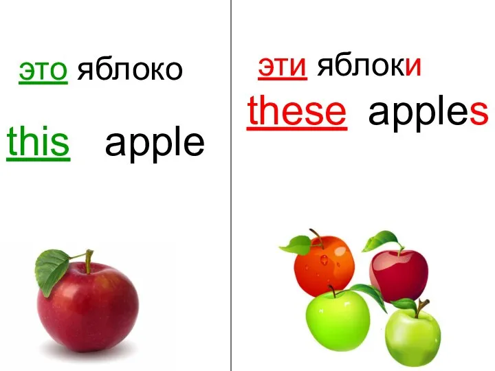 это яблоко this apple эти яблоки these apples