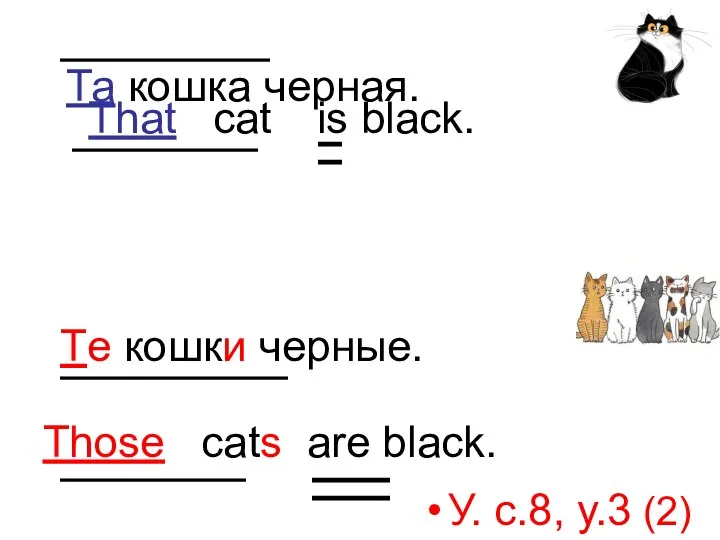 Та кошка черная. Those cats are black. Те кошки черные. That cat