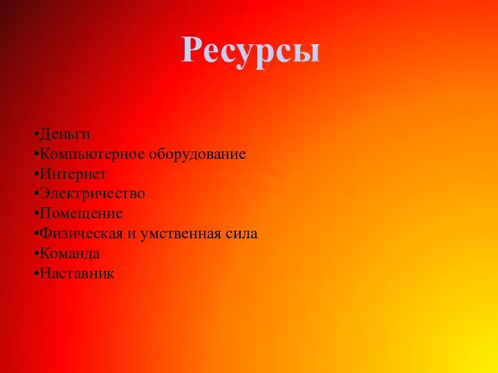 Ресурсы Деньги Компьютерное оборудование Интернет Электричество Помещение Физическая и умственная сила Команда Наставник