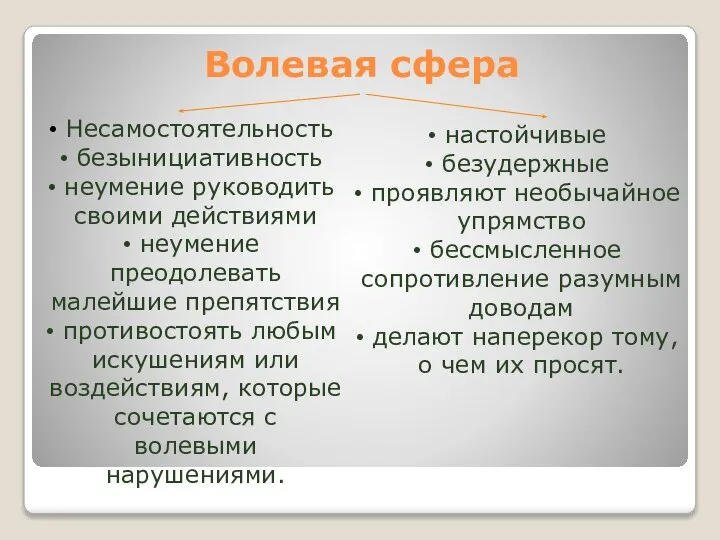 Волевая сфера Несамостоятельность безынициативность неумение руководить своими действиями неумение преодолевать малейшие препятствия