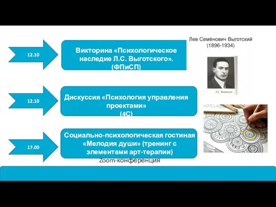 12.10 Викторина «Психологическое наследие Л.С. Выготского». (ФПиСП) 12.10 Дискуссия «Психология управления проектами»