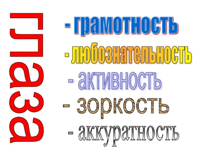 глаза - грамотность - любознательность - активность - зоркость - аккуратность