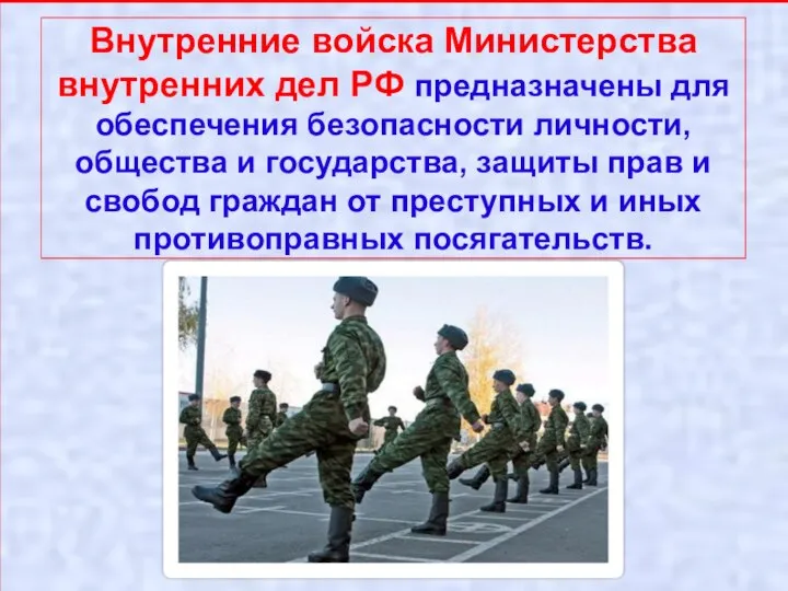 Внутренние войска Министерства внутренних дел РФ предназначены для обеспечения безопасности личности, общества