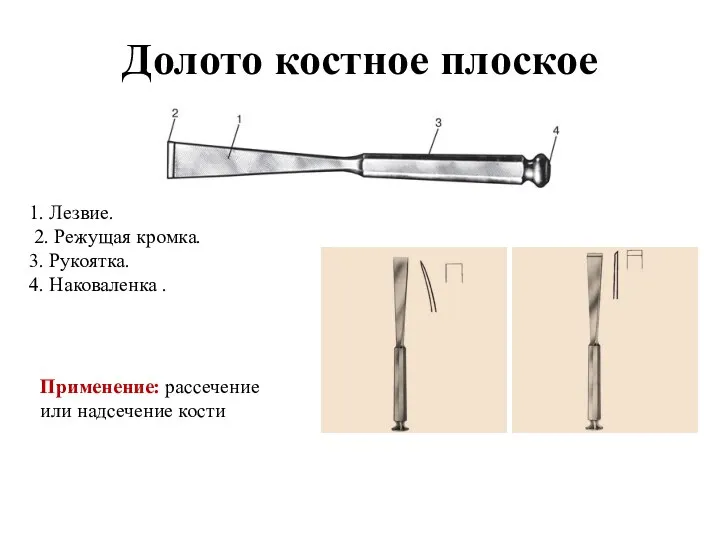 Долото костное плоское 1. Лезвие. 2. Режущая кромка. 3. Рукоятка. 4. Наковаленка