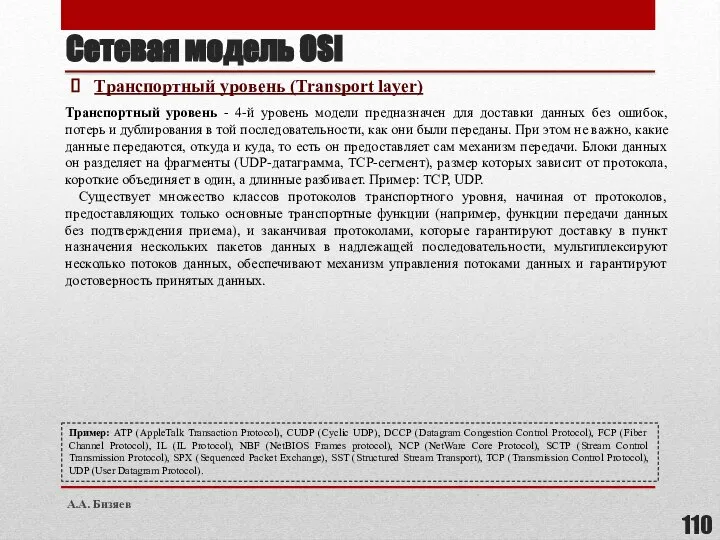 Сетевая модель OSI Транспортный уровень (Transport layer) Транспортный уровень - 4-й уровень