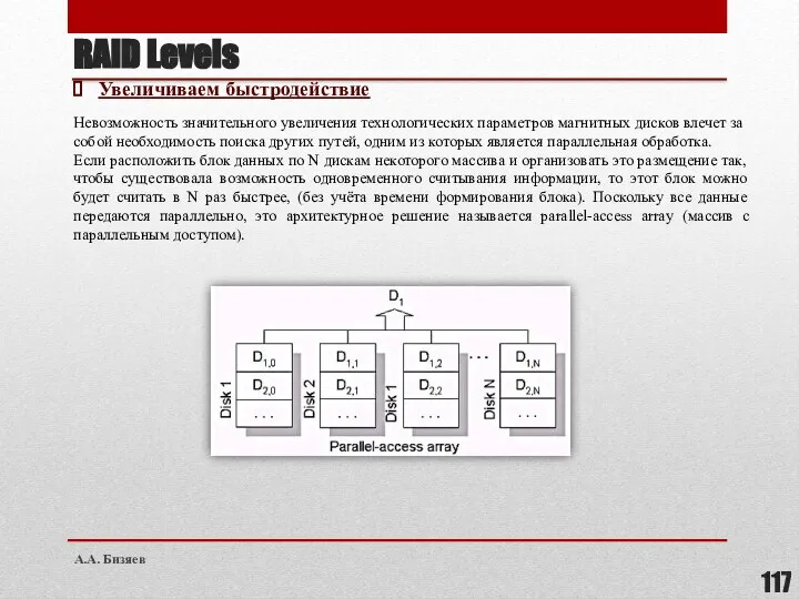 RAID Levels Увеличиваем быстродействие Невозможность значительного увеличения технологических параметров магнитных дисков влечет