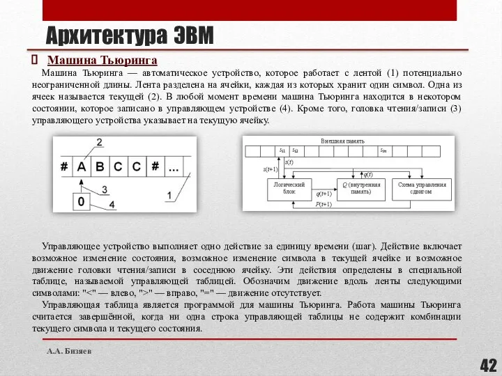 Архитектура ЭВМ Машина Тьюринга Машина Тьюринга — автоматическое устройство, которое работает с