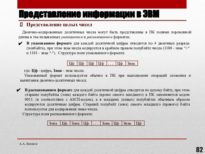 Представление информации в ЭВМ Двоично-кодированные десятичные числа могут быть представлены в ПК