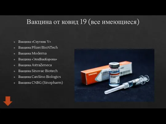 Вакцина от ковид 19 (все имеющиеся) Вакцина «Спутник V» Вакцина Pfizer/BioNTech Вакцина