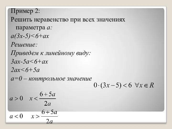 Пример 2: Решить неравенство при всех значениях параметра a: a(3x-5) Решение: Приведем