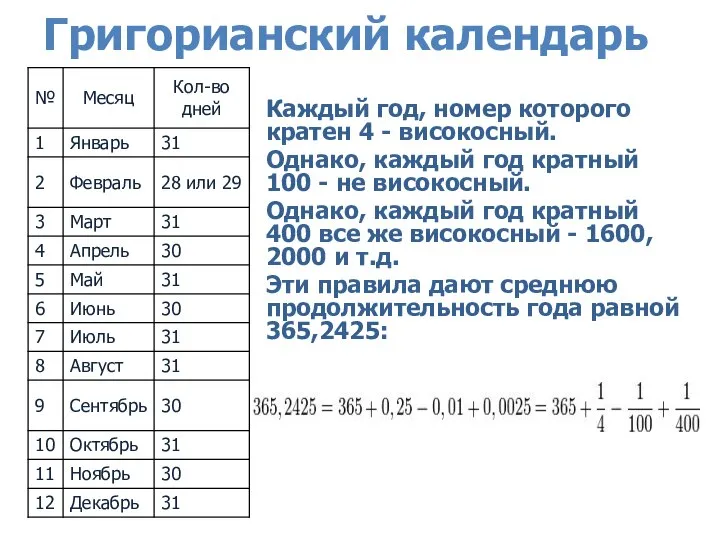 Григорианский календарь Каждый год, номер которого кратен 4 - високосный. Однако, каждый