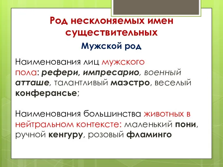 Род несклоняемых имен существительных Мужской род Наименования лиц мужского пола: рефери, импресарио,