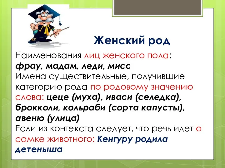 Женский род Наименования лиц женского пола: фрау, мадам, леди, мисс Имена существительные,