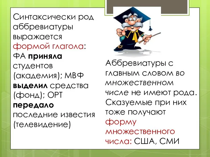 Синтаксически род аббревиатуры выражается формой глагола: ФА приняла студентов (академия); MВФ выделил