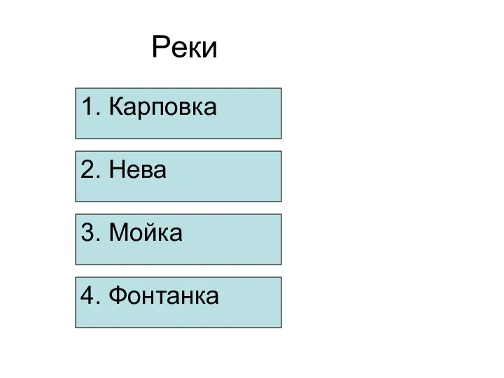 1. Карповка 2. Нева 3. Мойка 4. Фонтанка Реки