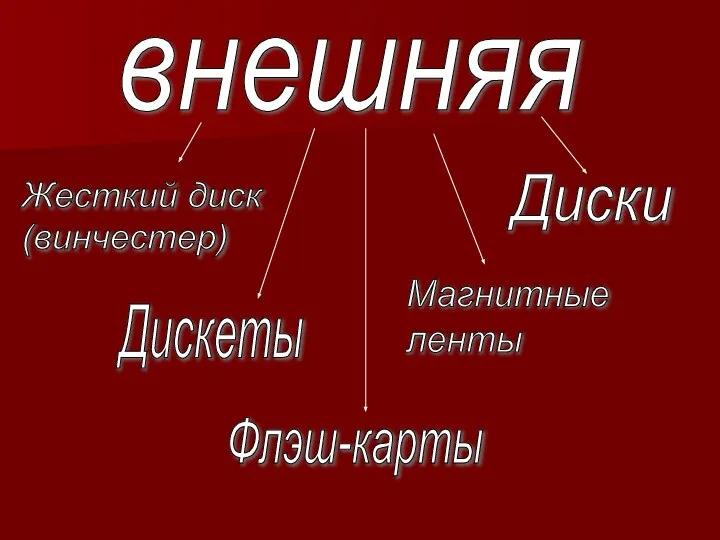 внешняя Жесткий диск (винчестер) Дискеты Диски Магнитные ленты Флэш-карты