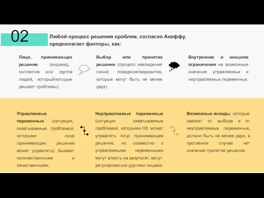 Любой процесс решения проблем, согласно Акоффу, предполагает факторы, как: 02 Лицо, принимающее