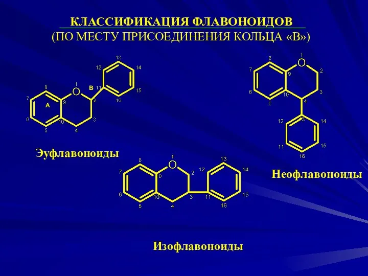 КЛАССИФИКАЦИЯ ФЛАВОНОИДОВ (ПО МЕСТУ ПРИСОЕДИНЕНИЯ КОЛЬЦА «В») В А Эуфлавоноиды Изофлавоноиды Неофлавоноиды