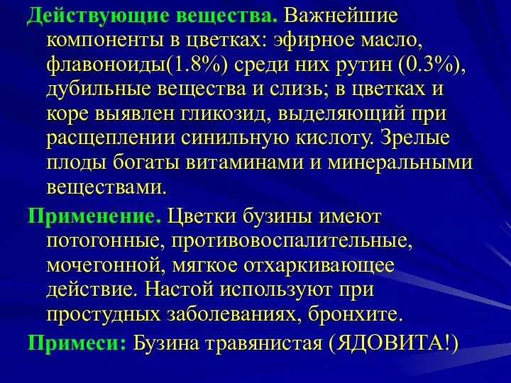 Действующие вещества. Важнейшие компоненты в цветках: эфирное масло, флавоноиды(1.8%) среди них рутин