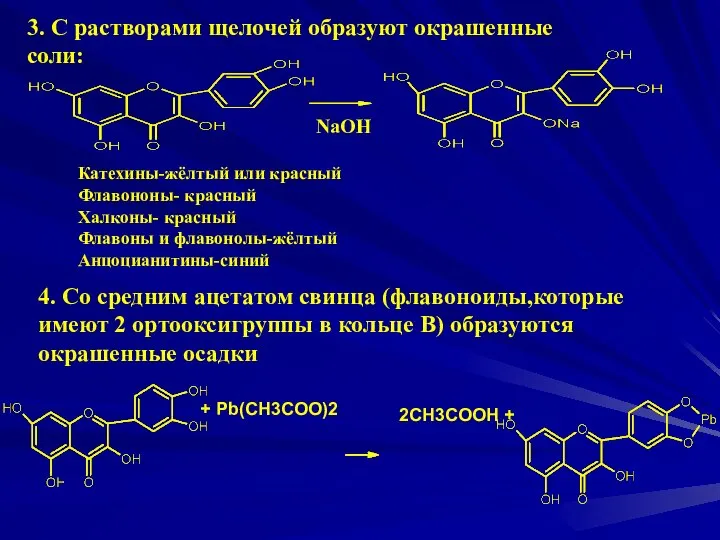 + Pb(CH3COO)2 Катехины-жёлтый или красный Флавононы- красный Халконы- красный Флавоны и флавонолы-жёлтый