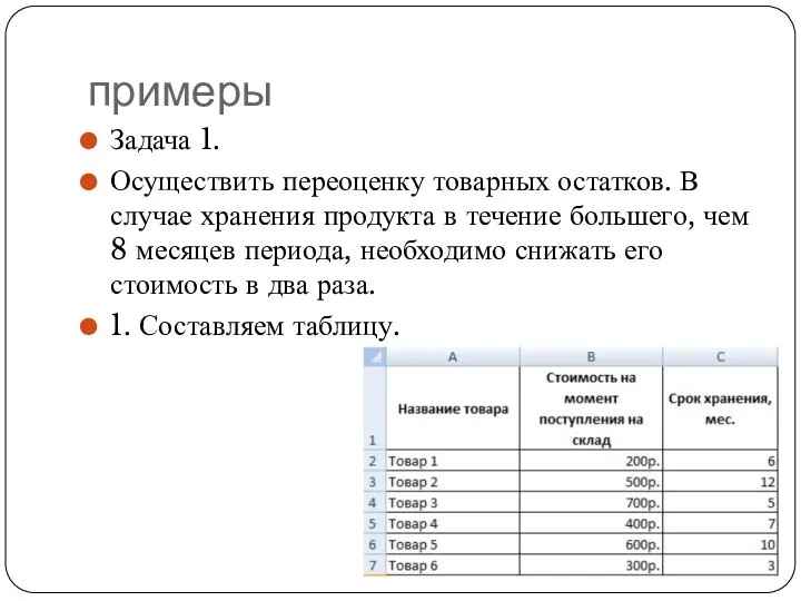 примеры Задача 1. Осуществить переоценку товарных остатков. В случае хранения продукта в