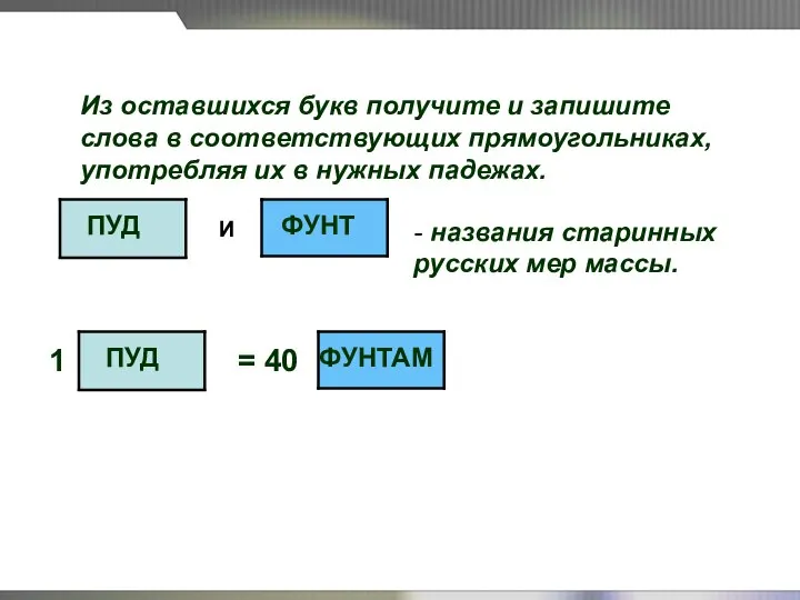 Из оставшихся букв получите и запишите слова в соответствующих прямоугольниках, употребляя их