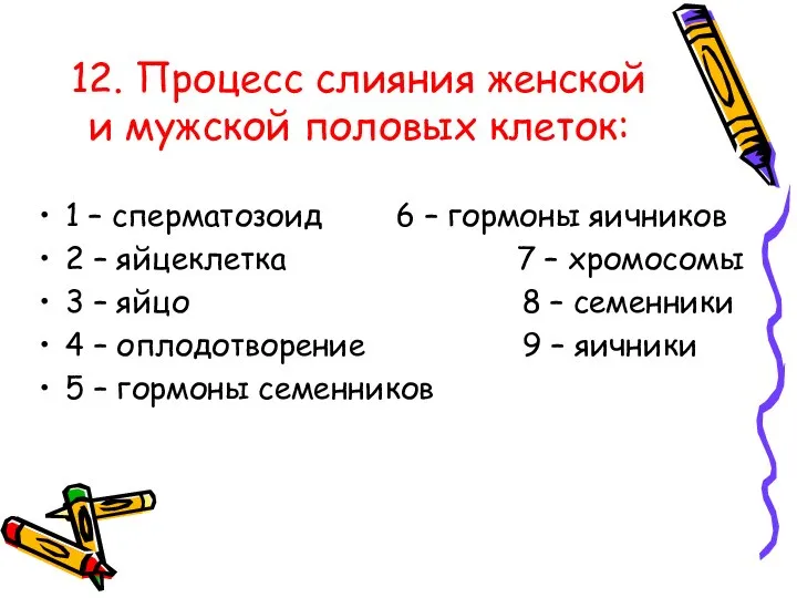 12. Процесс слияния женской и мужской половых клеток: 1 – сперматозоид 6