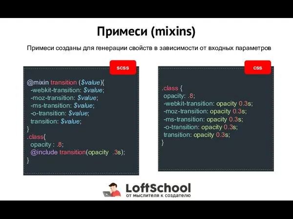 Примеси (mixins) Примеси созданы для генерации свойств в зависимости от входных параметров