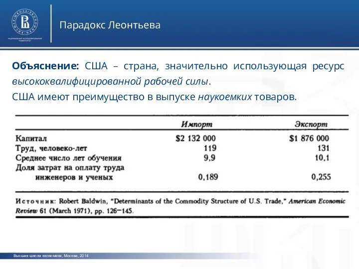 Высшая школа экономики, Москва, 2014 Парадокс Леонтьева Объяснение: США – страна, значительно