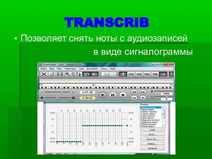 TRANSCRIB Позволяет снять ноты с аудиозаписей в виде сигналограммы