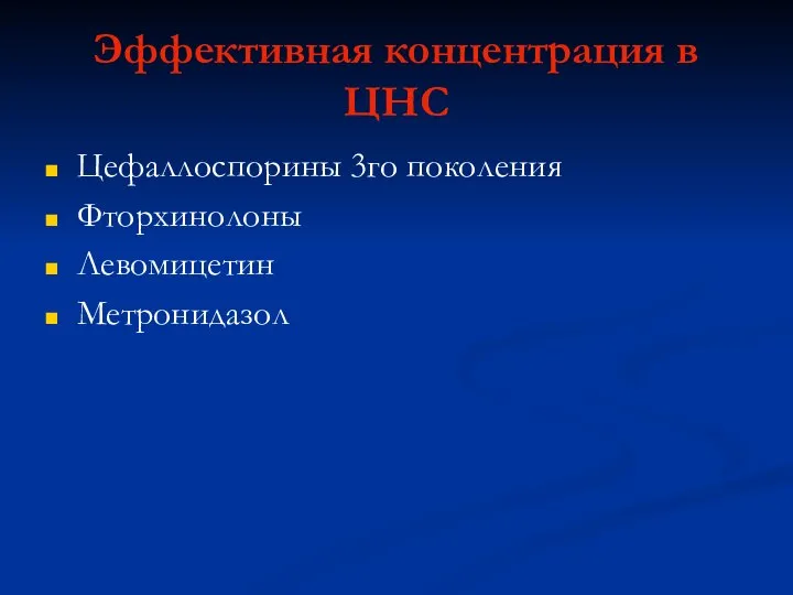 Эффективная концентрация в ЦНС Цефаллоспорины 3го поколения Фторхинолоны Левомицетин Метронидазол