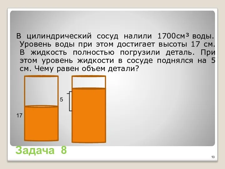 Задача 8 В цилиндрический сосуд налили 1700см³ воды. Уровень воды при этом