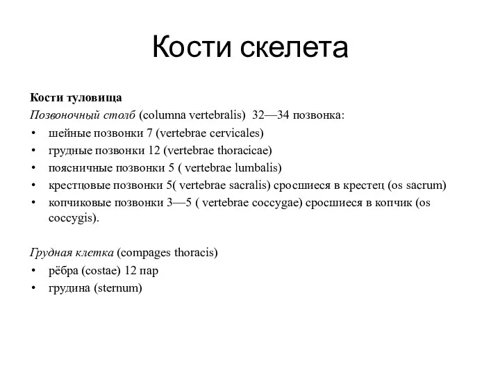 Кости скелета Кости туловища Позвоночный столб (columna vertebralis) 32—34 позвонка: шейные позвонки