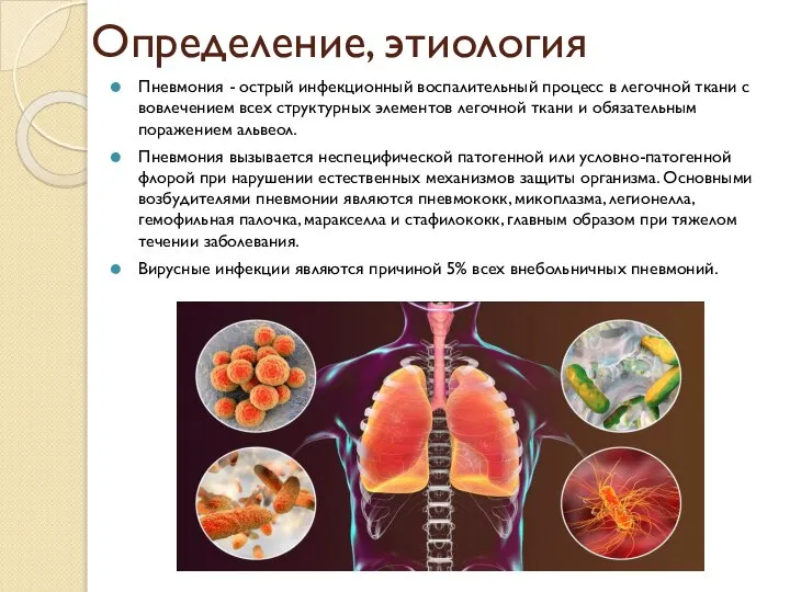 Определение, этиология Пневмония - острый инфекционный воспалительный процесс в легочной ткани с