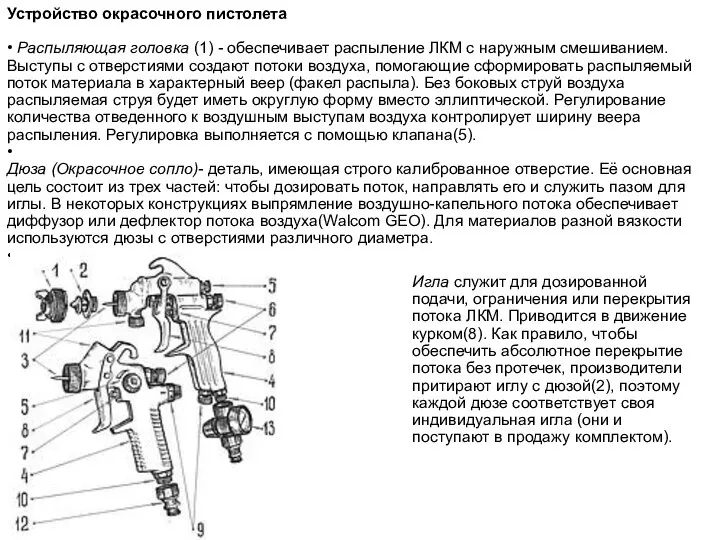 Устройство окрасочного пистолета • Распыляющая головка (1) - обеспечивает распыление ЛКМ с