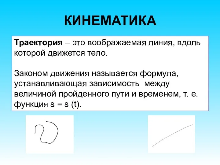 КИНЕМАТИКА Траектория – это воображаемая линия, вдоль которой движется тело. Законом движения