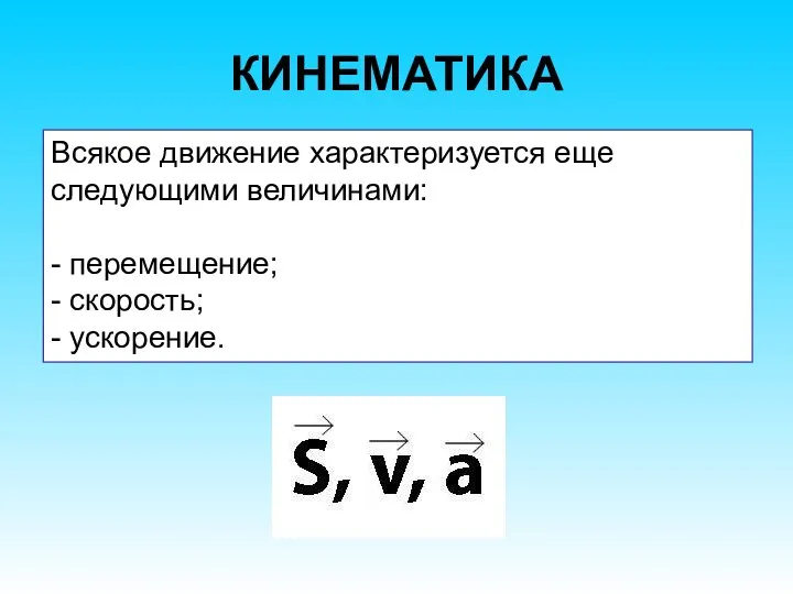 КИНЕМАТИКА Всякое движение характеризуется еще следующими величинами: - перемещение; - скорость; - ускорение.