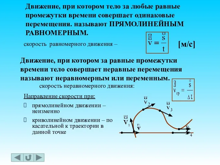 скорость неравномерного движения: скорость равномерного движения – Направление скорости при: прямолинейном движении