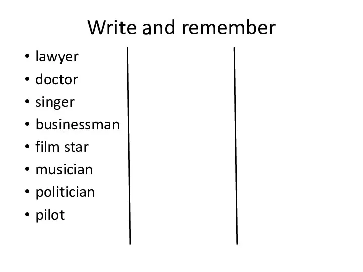 Write and remember lawyer doctor singer businessman film star musician politician pilot