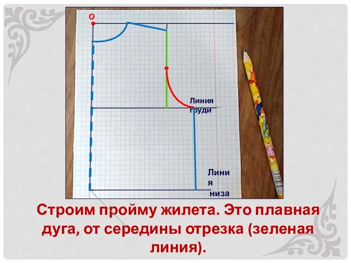 Строим пройму жилета. Это плавная дуга, от середины отрезка (зеленая линия). О Линия груди Линия низа