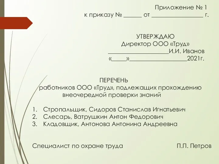 Приложение № 1 к приказу № ______ от _________________ г. УТВЕРЖДАЮ Директор